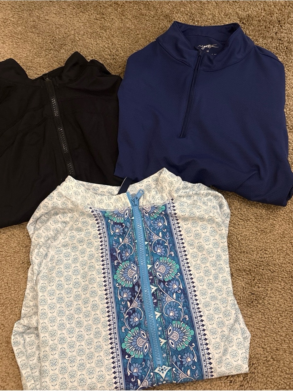 Multiples Women's Zip-Front Athletic Tops in Navy, Black & Blue Pattern